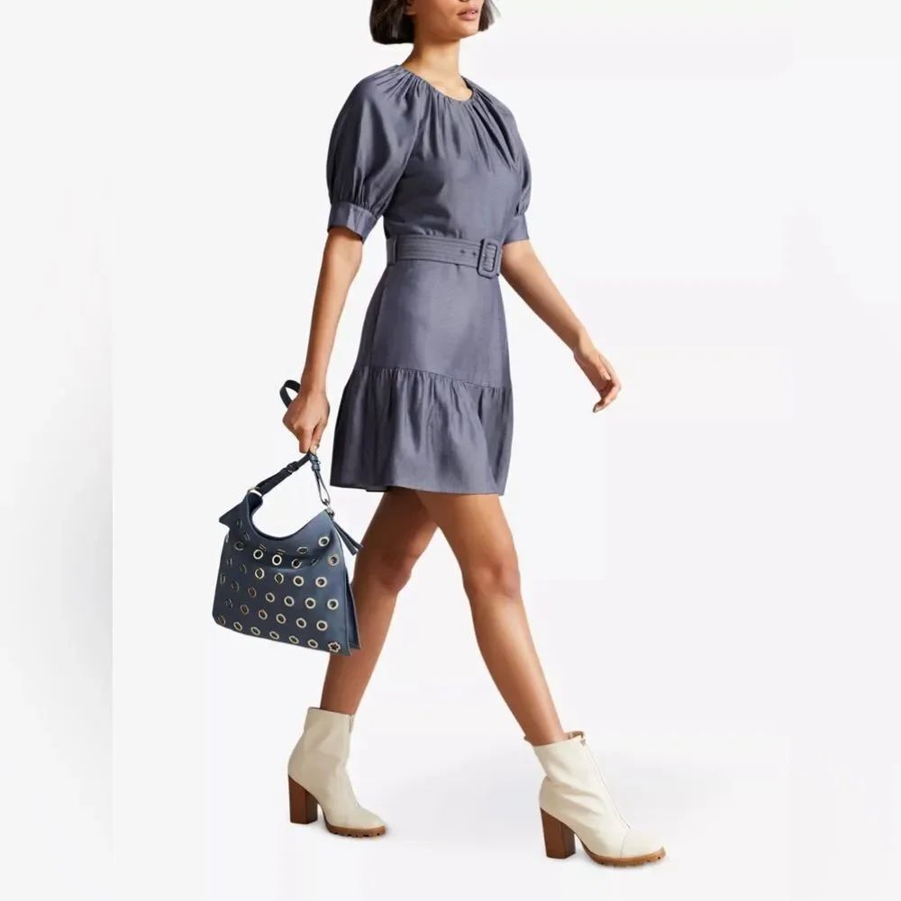 NWT Ted Baker Damiale Puff Sleeve Pleated Ruffle Hem Mini Dress